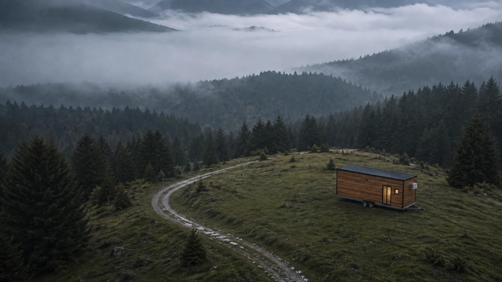 NONA in a mountain meadow, with a winding track and misty valleys